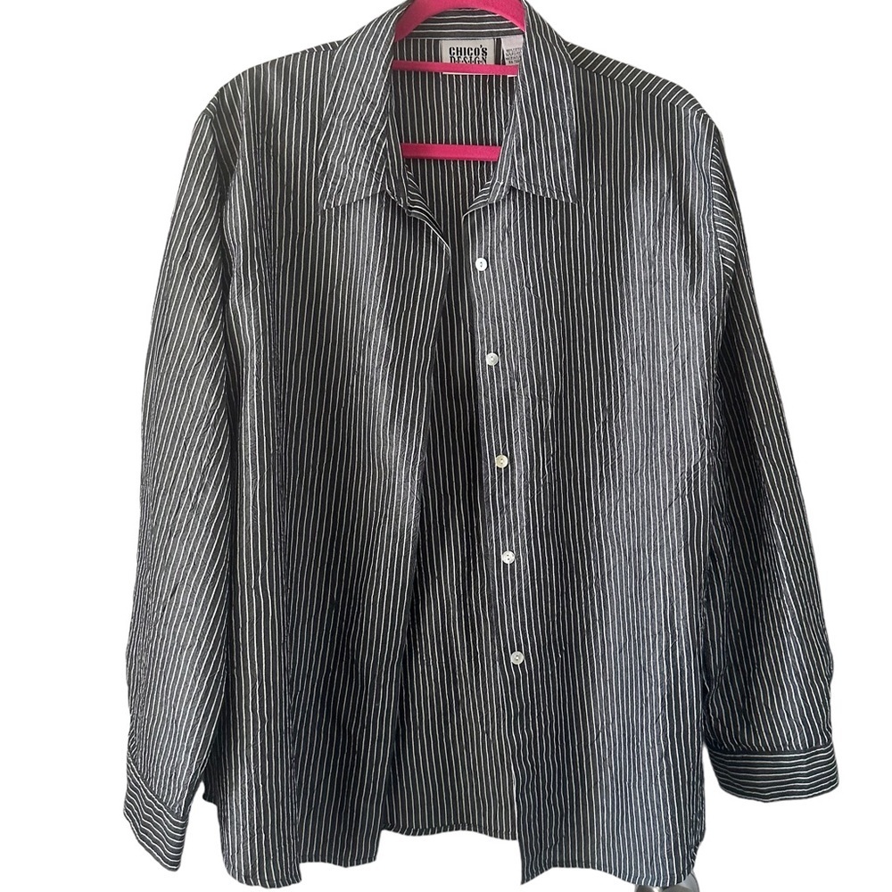 Chico’s Women's Button Up Front Shirt Size  Gray White Stripes Size 3(XL)